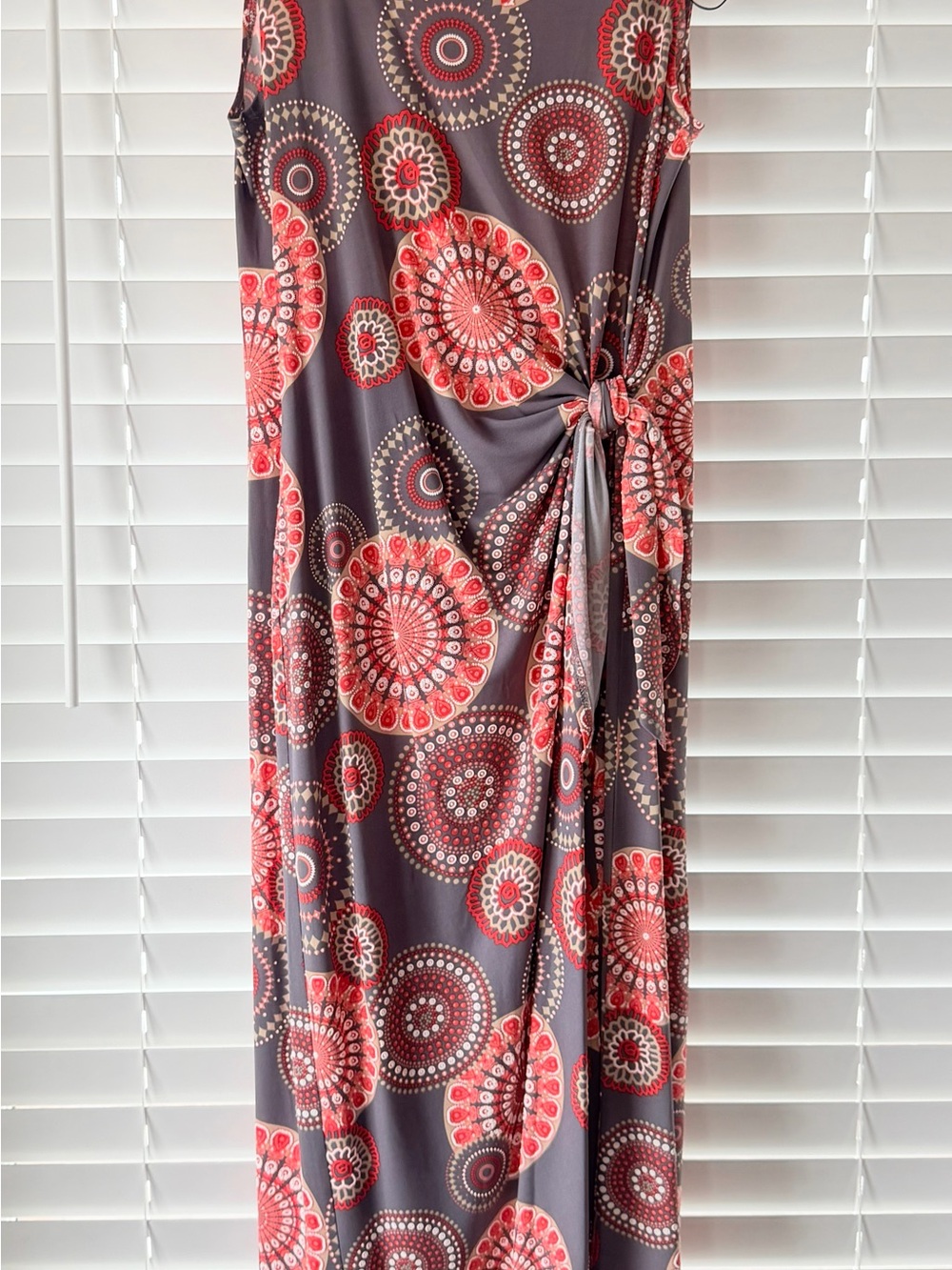 Robbie Bee Gray Maxi Dress with Red Medallion Print